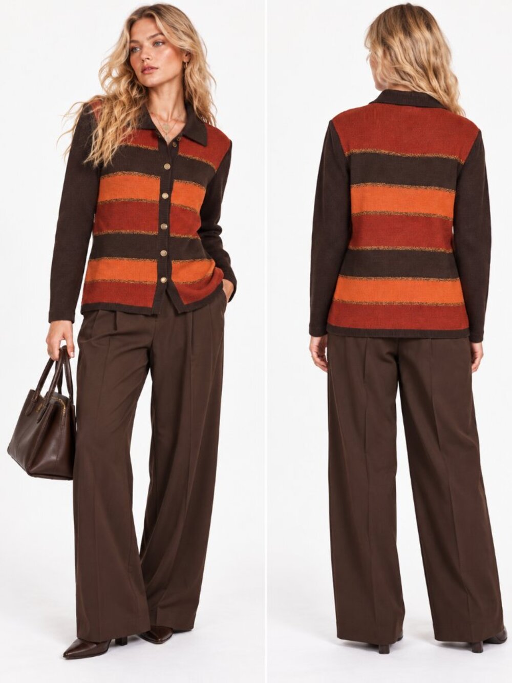 Vintage SJK St. John Knit Striped Cardigan Jacket Women Size 8 Rust Brown Orange